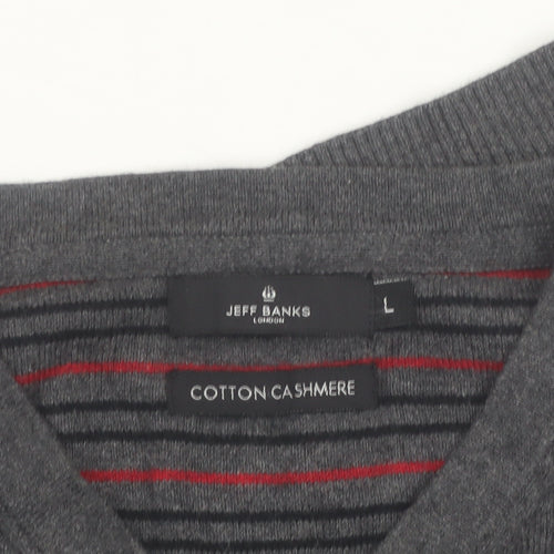 Jeff Banks Mens Grey Cotton Cashmere V-Neck Jumper Size L