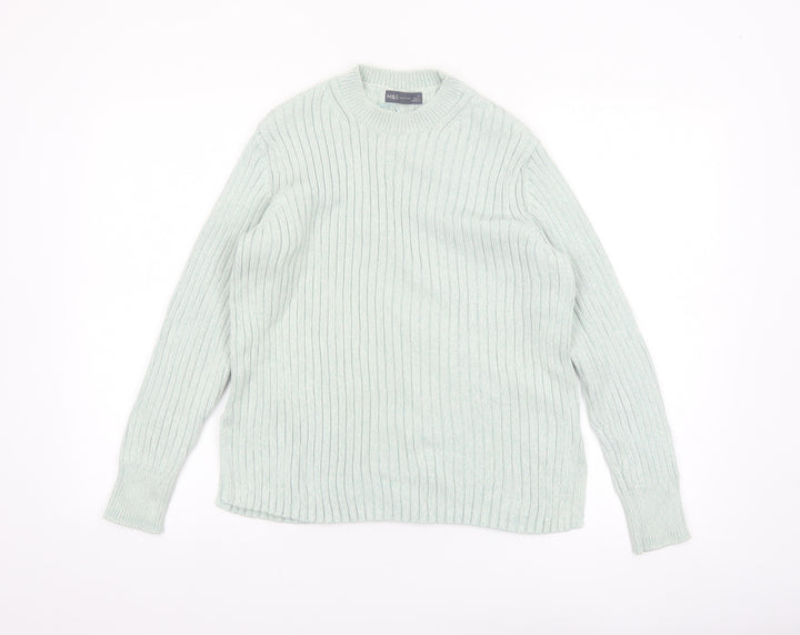 Marks and Spencer Women's Green Cotton Rib Knit Jumper Size 14