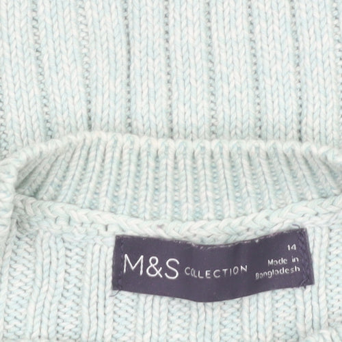 Marks and Spencer Women's Green Cotton Rib Knit Jumper Size 14