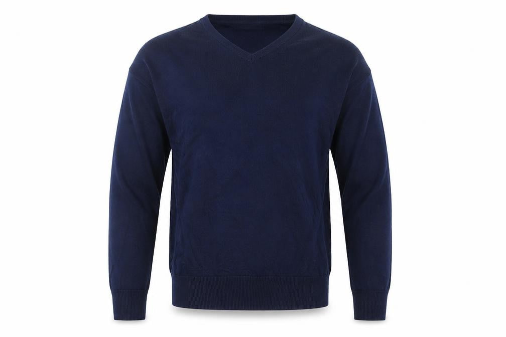 Front view of T.M. Lewin Men's Blue Cotton V-Neck jumper, size S