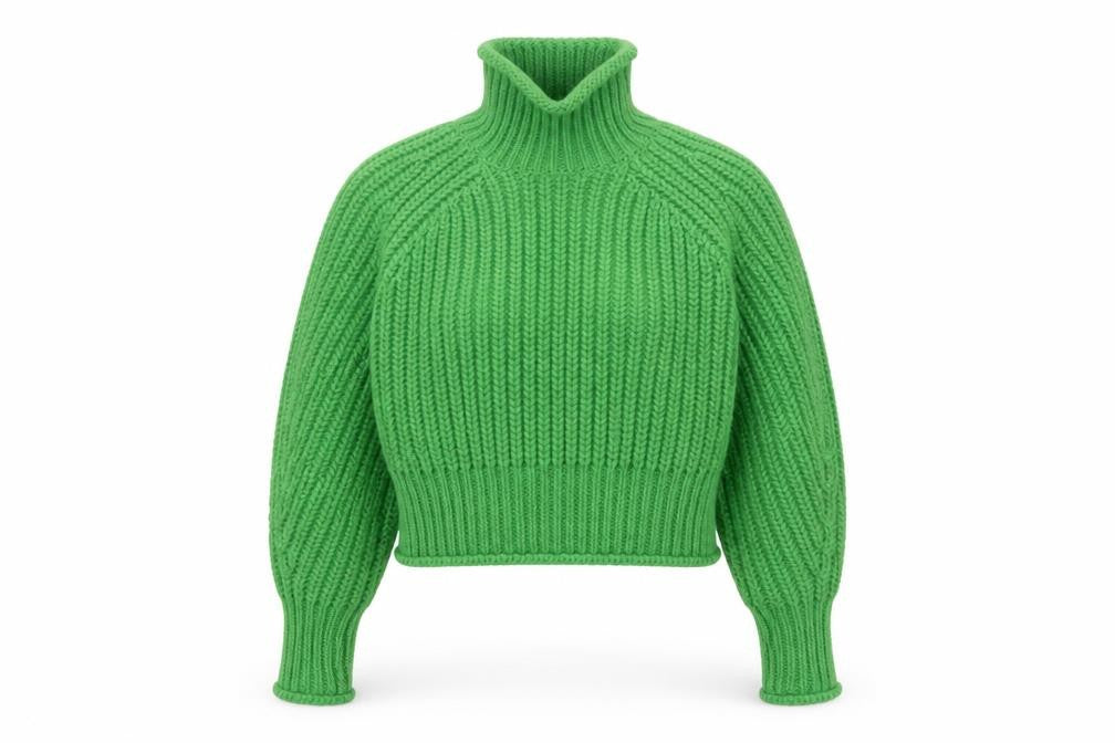 Front view of H&M women’s green roll neck chunky-knit jumper, size S