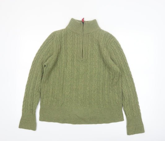 WoolOvers Women's Green 1/2 Zip Cable-Knit Wool Jumper M