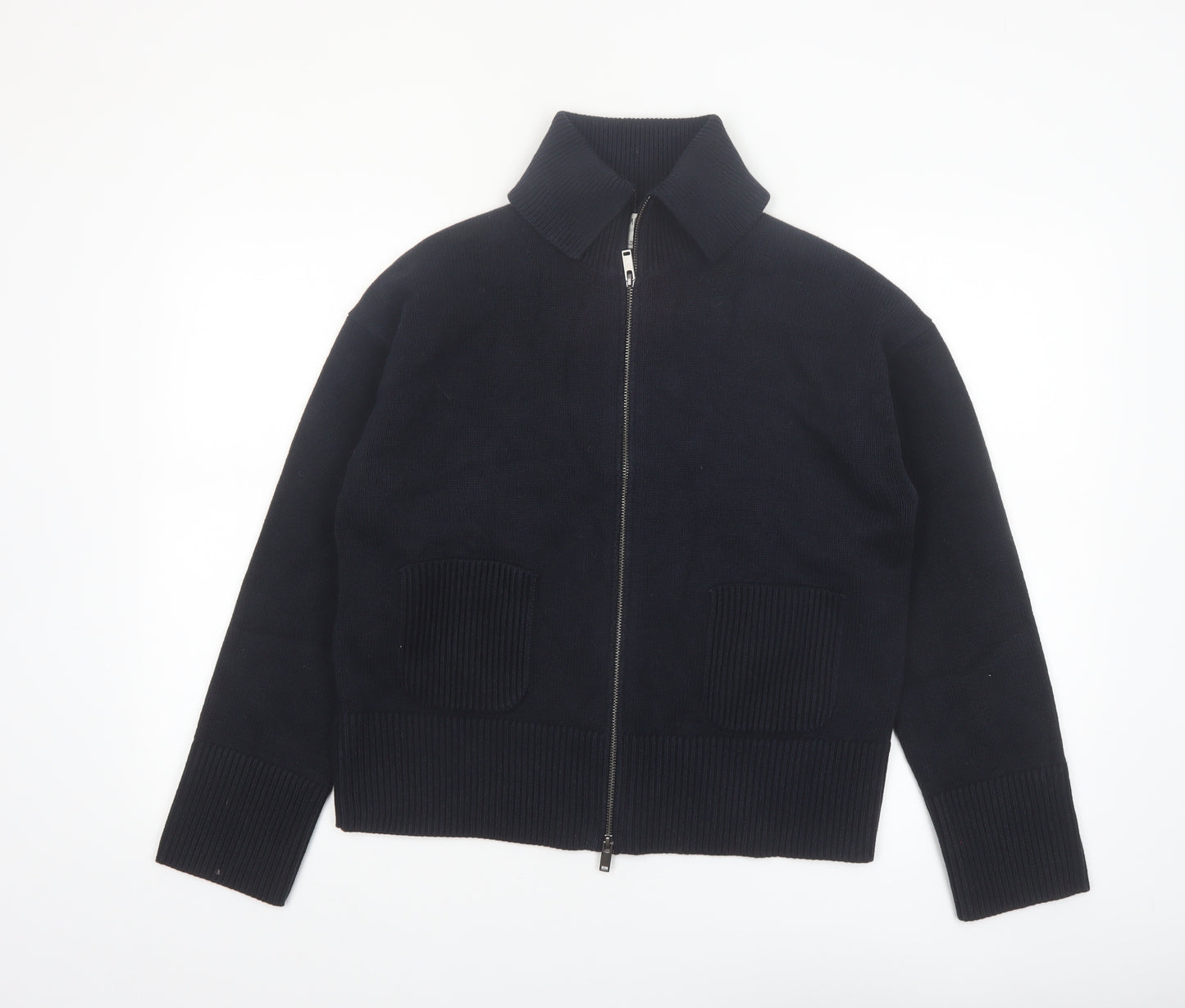 Marks and Spencer Women Black Collared Full Zip Knit Jumper M