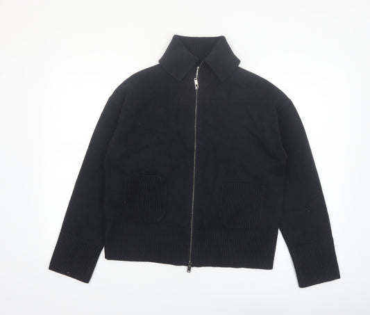 Marks and Spencer Women Black Collared Full Zip Knit Jumper M