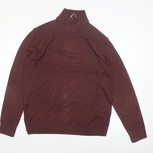 Marks and Spencer Men's Brown Medium 1/2 Zip High Neck Jumper