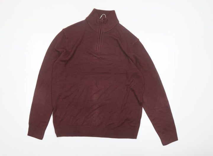 Marks and Spencer Men's Brown Medium 1/2 Zip High Neck Jumper