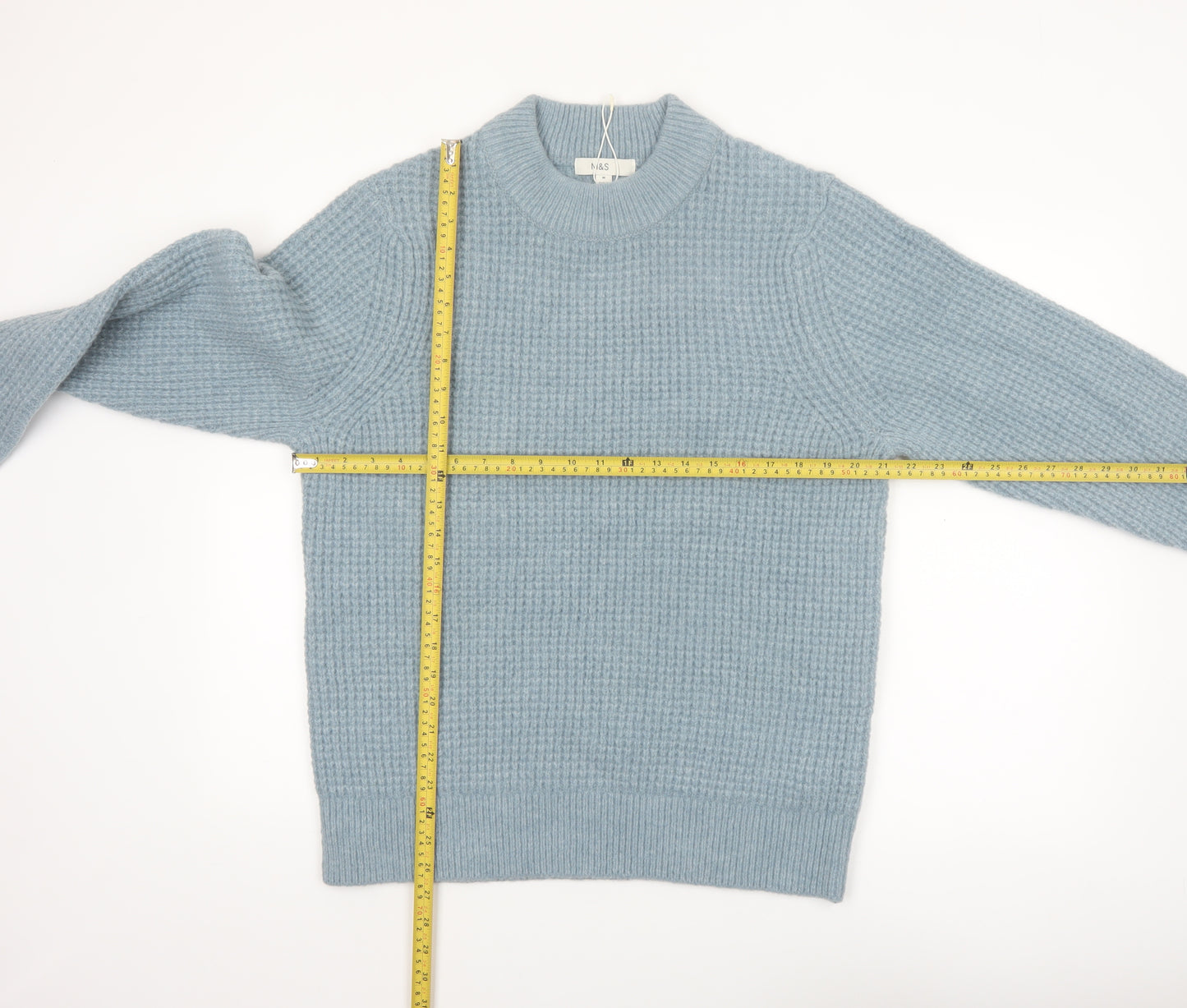 Marks and Spencer Men's Blue Waffle-Knit Crew Neck Jumper M