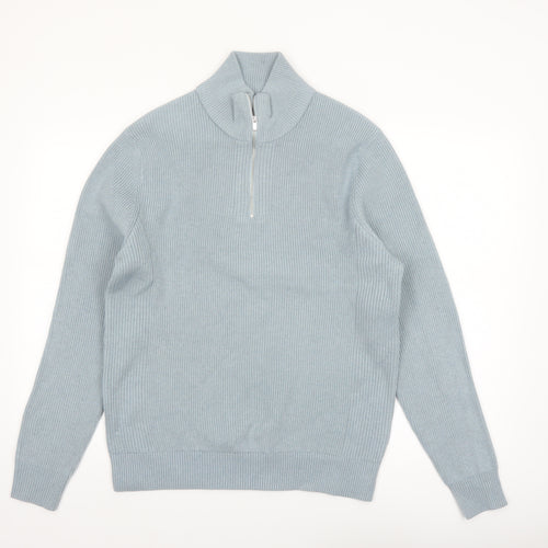 Marks and Spencer Men's Blue M Half Zip Cotton Blend Jumper