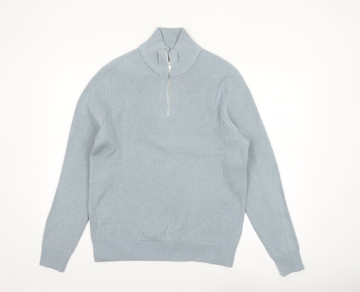 Marks and Spencer Men's Blue M Half Zip Cotton Blend Jumper