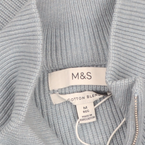 Marks and Spencer Men's Blue M Half Zip Cotton Blend Jumper