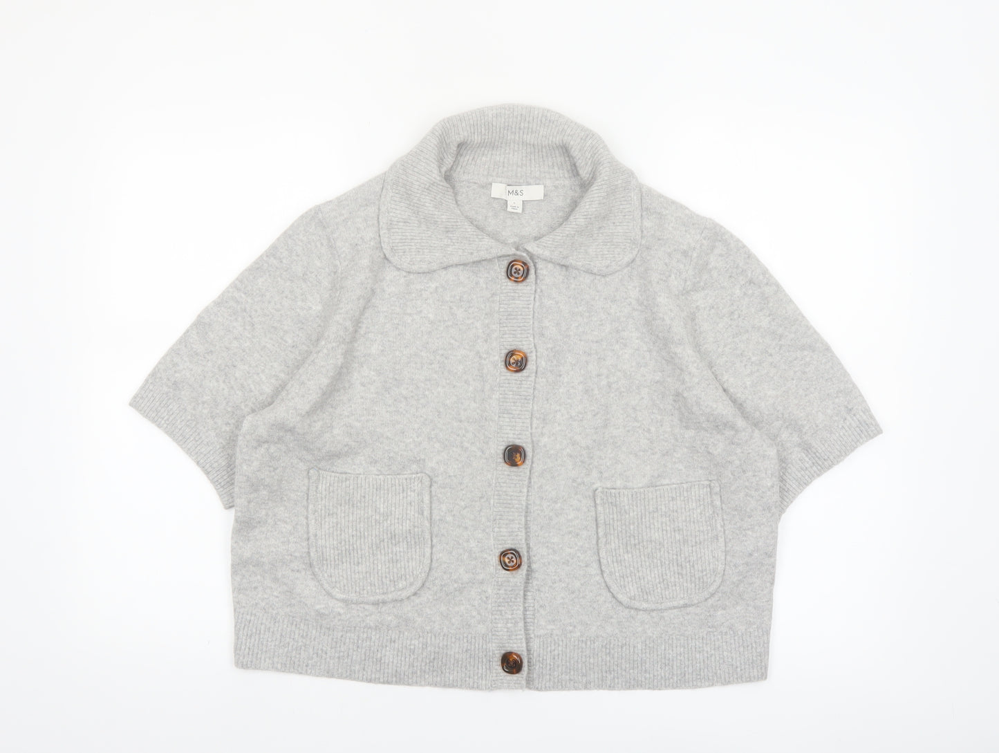 Marks and Spencer Women's Grey Collared Short Sleeve Knit Cardigan Size L