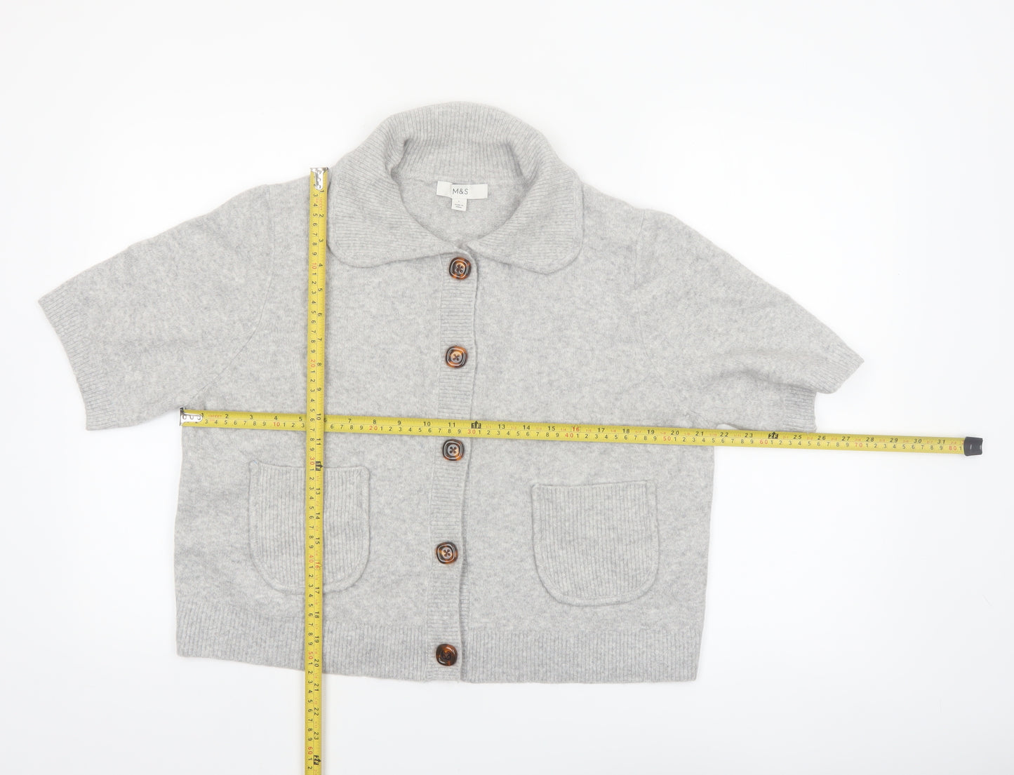 Marks and Spencer Women's Grey Collared Short Sleeve Knit Cardigan Size L