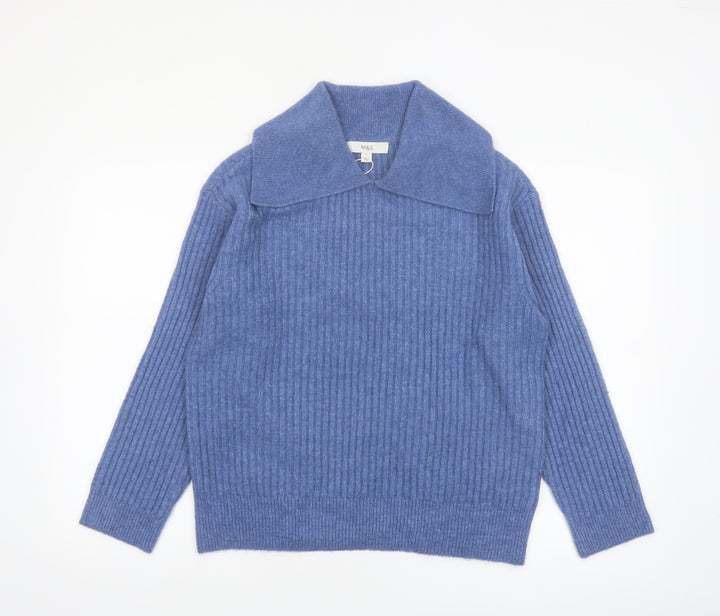 Marks and Spencer Women Blue Collared Ribbed Pullover Jumper Size S