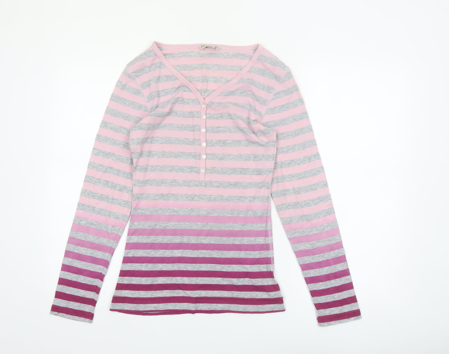 Marks and Spencer Womens Pink Striped Long Sleeve V-Neck T-Shirt Size 12