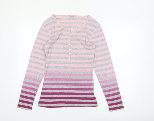 Marks and Spencer Womens Pink Striped Long Sleeve V-Neck T-Shirt Size 12