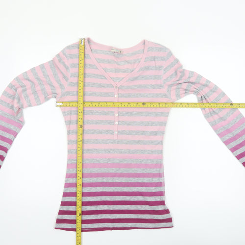 Marks and Spencer Womens Pink Striped Long Sleeve V-Neck T-Shirt Size 12