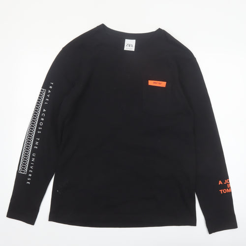 Zara Men Black Long Sleeve Travel Graphic Cotton Top L