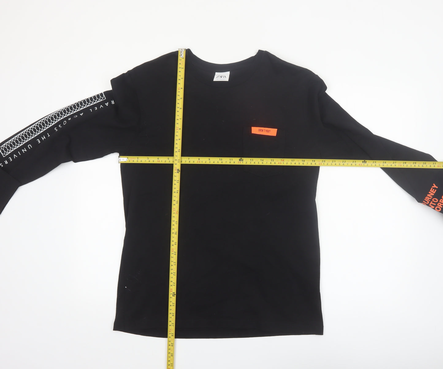 Zara Men Black Long Sleeve Travel Graphic Cotton Top L