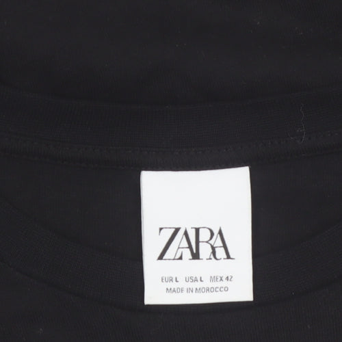 Zara Men Black Long Sleeve Travel Graphic Cotton Top L