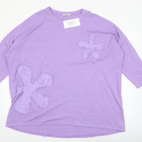 Lagenlook Women Purple Floral Relaxed Tunic T-Shirt One Size