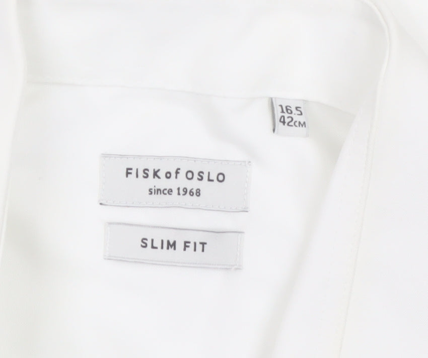 Fisk of Oslo Men’s White Slim Fit Cotton Long Sleeve Button-Up Shirt 16.5in
