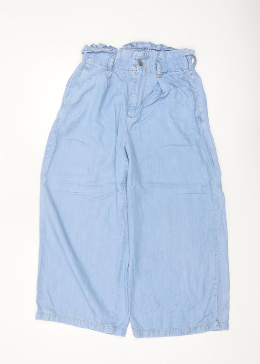 Zara Women Blue Paperbag Wide-Leg Trousers Size 12