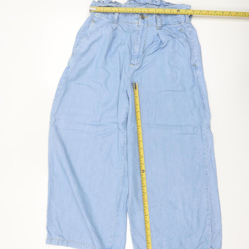 Zara Women Blue Paperbag Wide-Leg Trousers Size 12