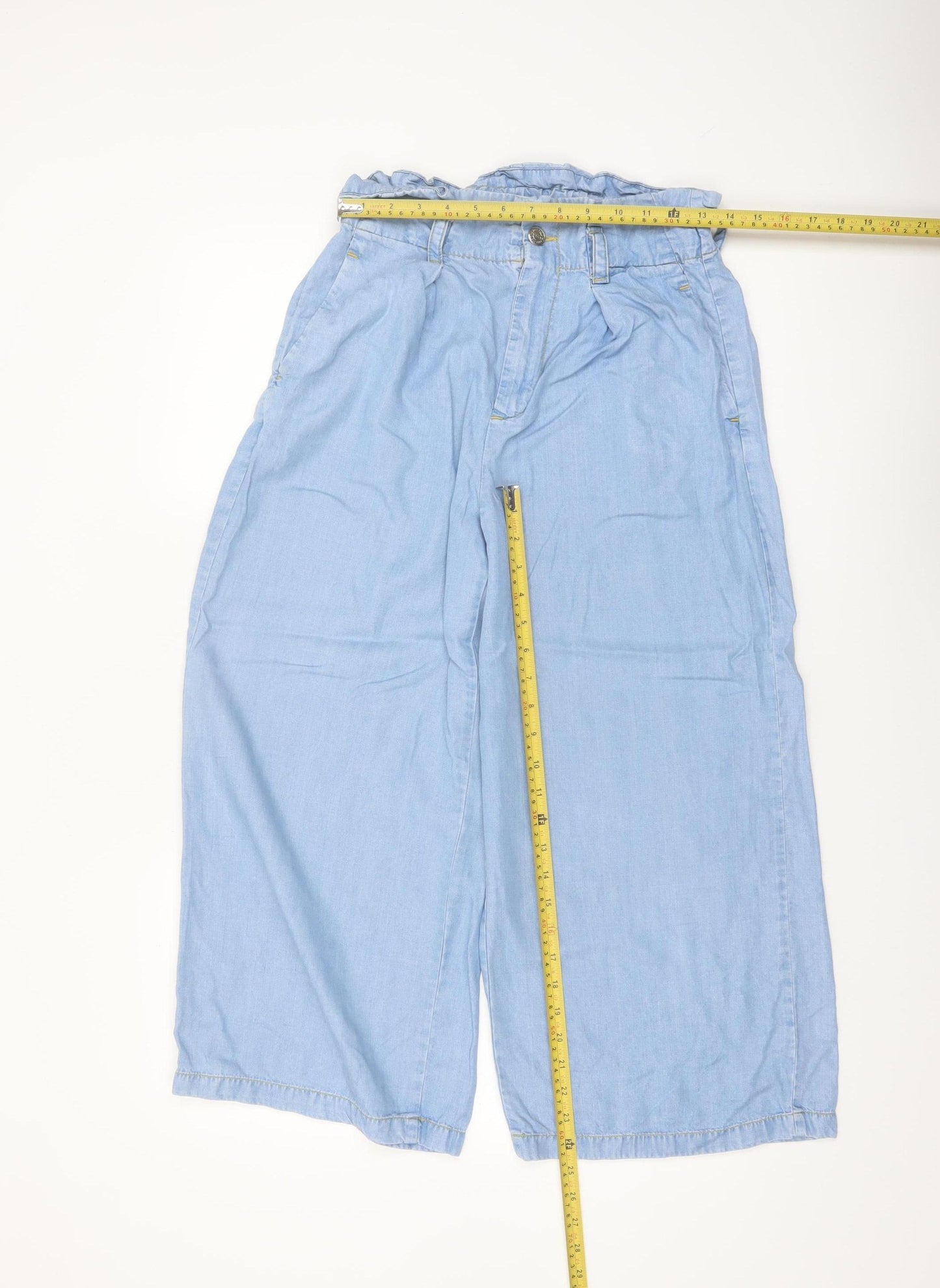 Zara Women Blue Paperbag Wide-Leg Trousers Size 12