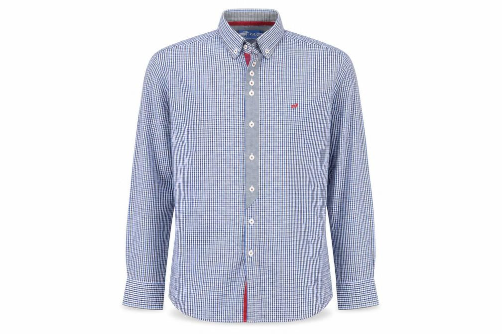 Front view of Outrage Men's Blue Check Button-Down Long Sleeve Cotton Shirt, size L