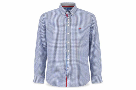 Front view of Outrage Men's Blue Check Button-Down Long Sleeve Cotton Shirt, size L