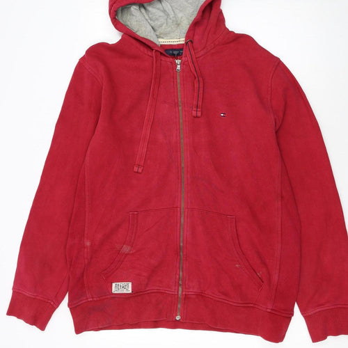 Tommy Hilfiger Men Red Full Zip Hoodie L Classic Cotton Blend