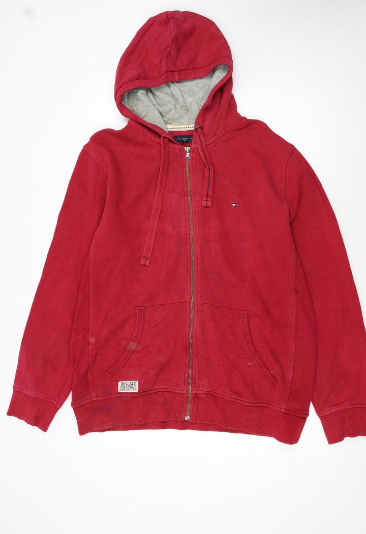 Tommy Hilfiger Men Red Full Zip Hoodie L Classic Cotton Blend