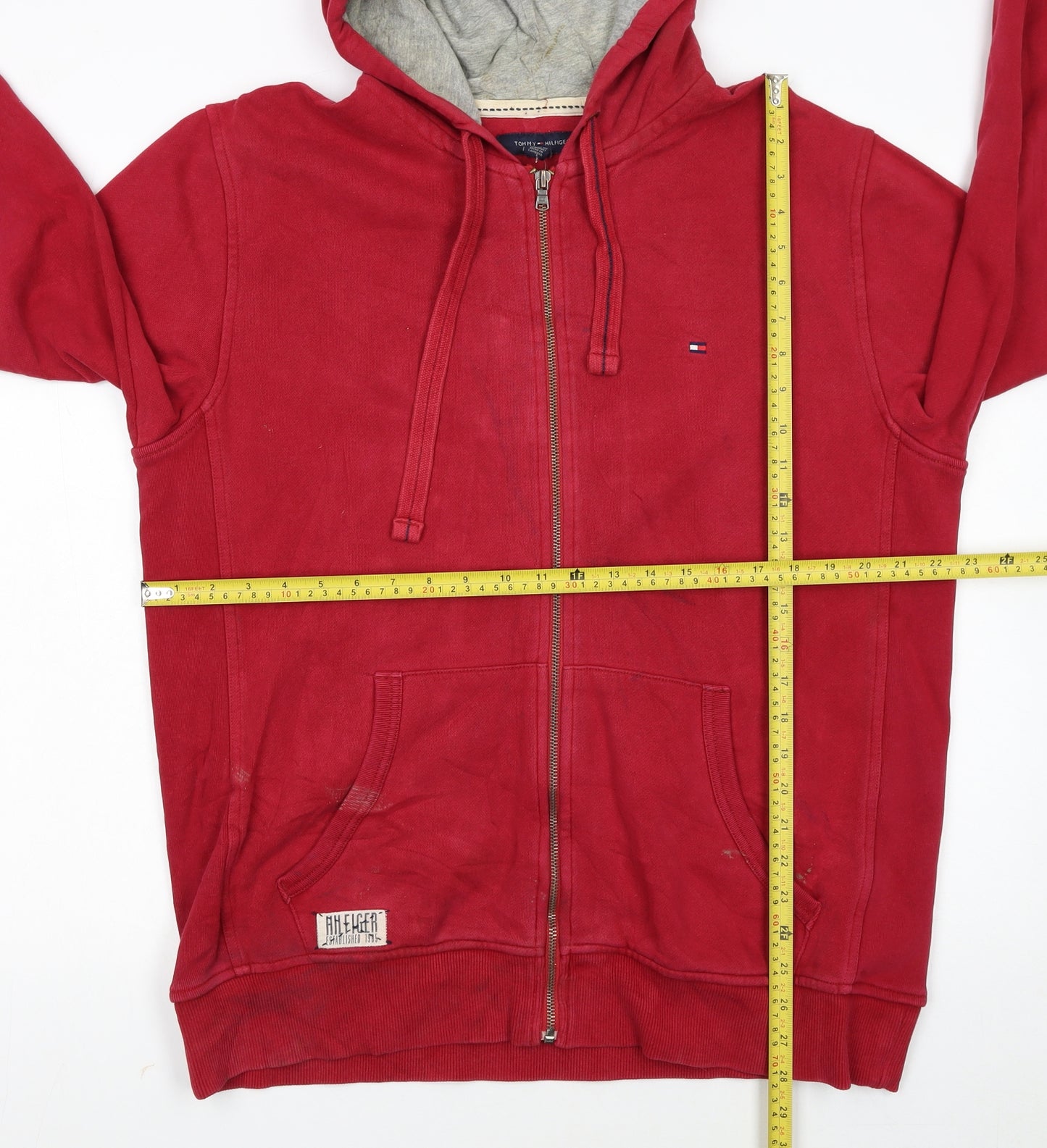 Tommy Hilfiger Men Red Full Zip Hoodie L Classic Cotton Blend