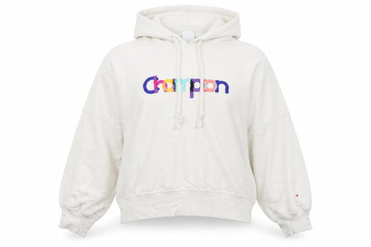 Front view of Champion women’s beige hoodie medium pullover hooded sweatshirt