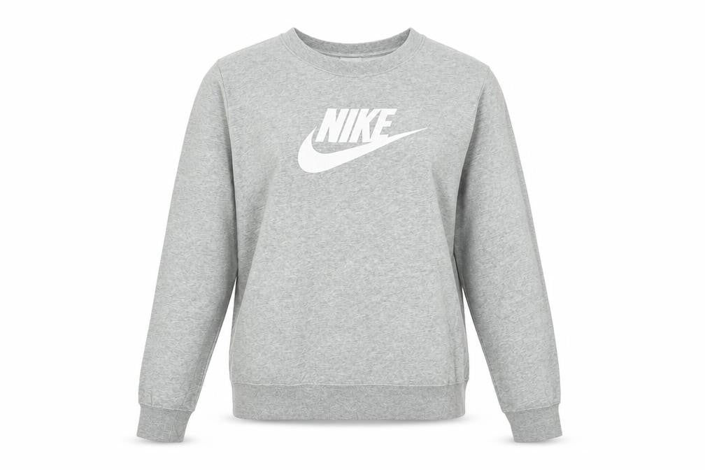 Front view of Nike women’s grey logo crew neck pullover sweatshirt, size S