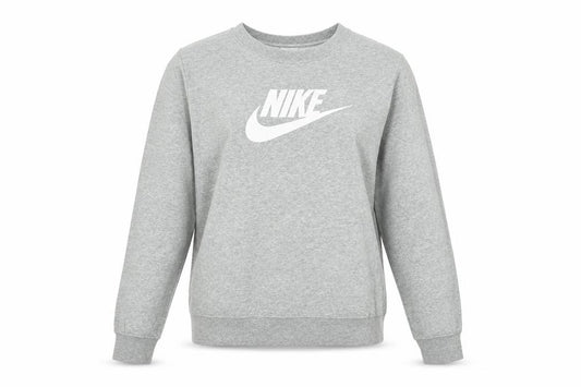 Front view of Nike women’s grey logo crew neck pullover sweatshirt, size S