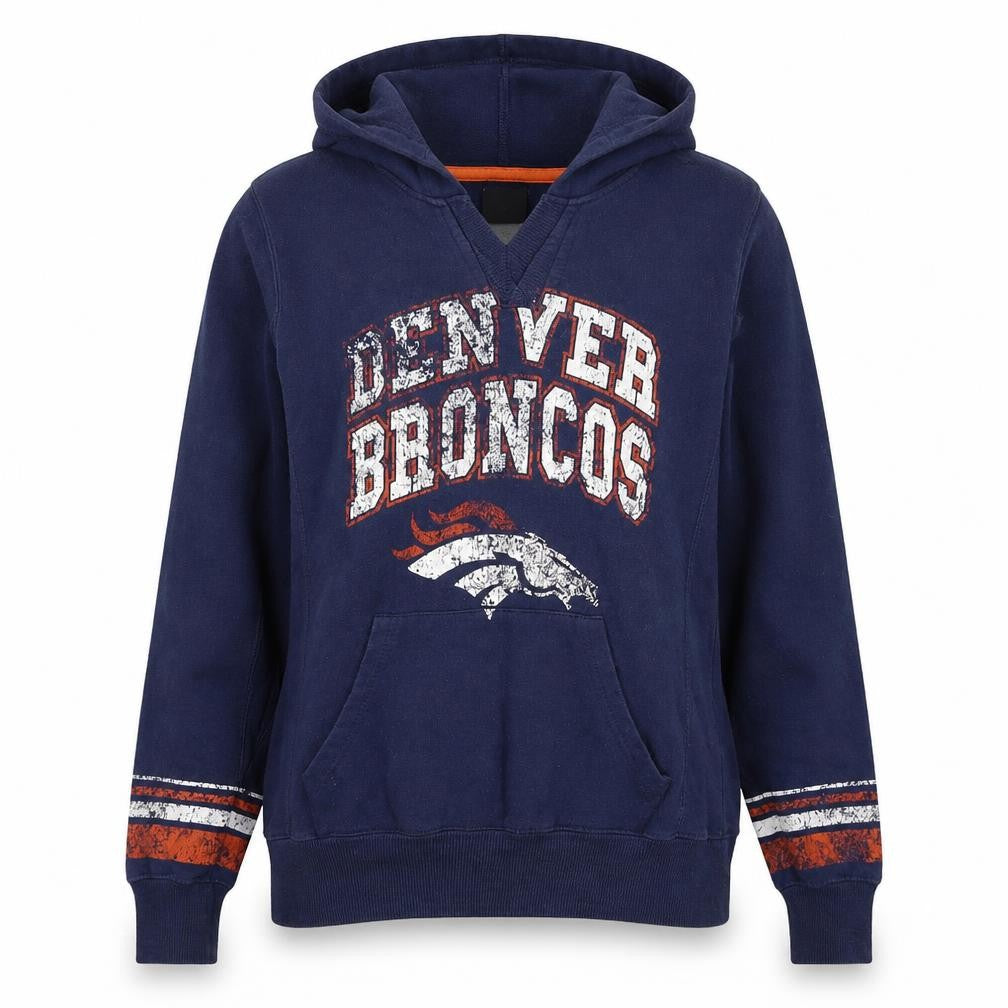 Front view of NFL Team Apparel women’s blue medium denver broncos pullover hoodie