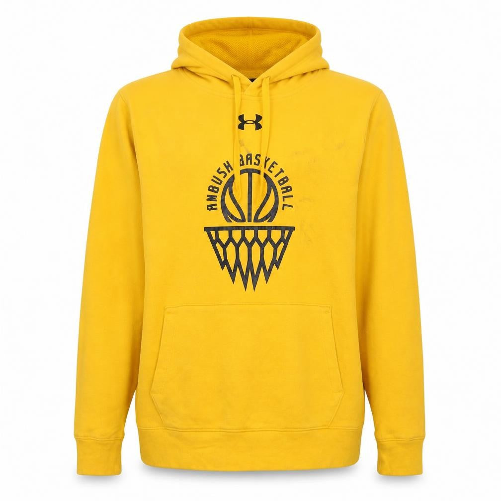 Front view of Under Armour Men's Yellow Pullover Hoodie, size S, Basketball Graphic