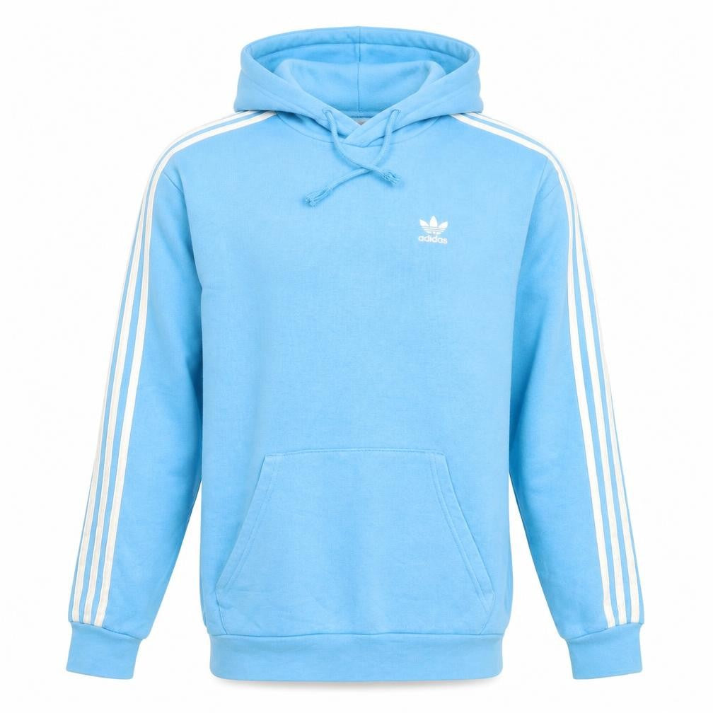 Front view of Adidas Men's Blue XS Pullover Hoodie with Logo and Pockets