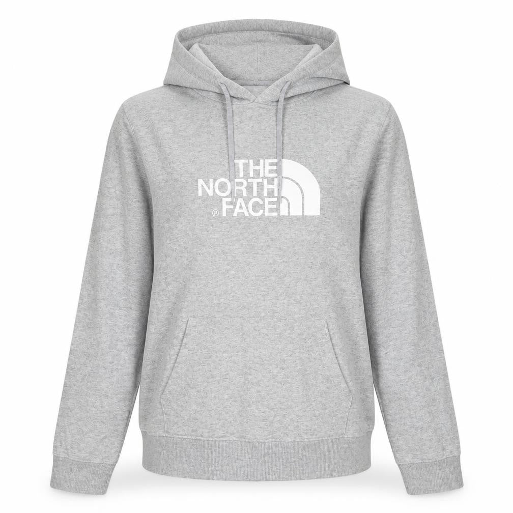 Front view of The North Face women’s grey pullover hoodie, size M, logo print