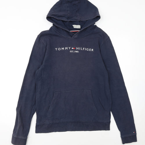 Tommy Hilfiger Girls Blue Pullover Hoodie Size 176 Hooded Logo Sweatshirt