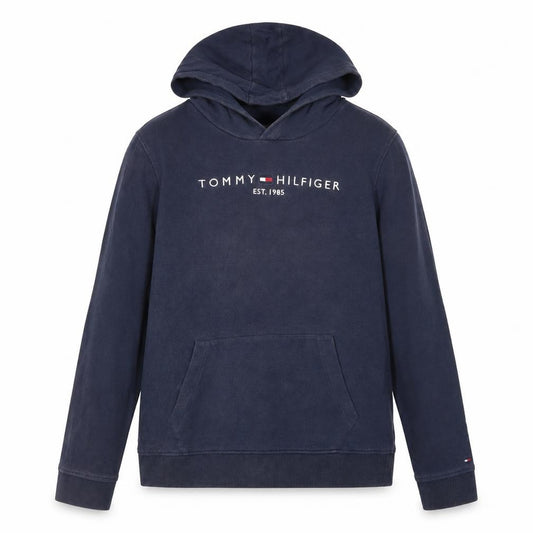 Front view of Tommy Hilfiger girls’ blue pullover hoodie, size 176, hooded logo sweatshirt