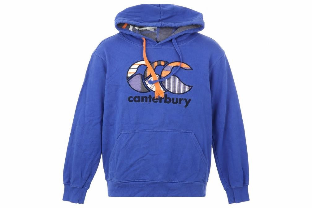 Front view of Canterbury Men's Blue Pullover Hoodie S Logo Graphic Rugby Style