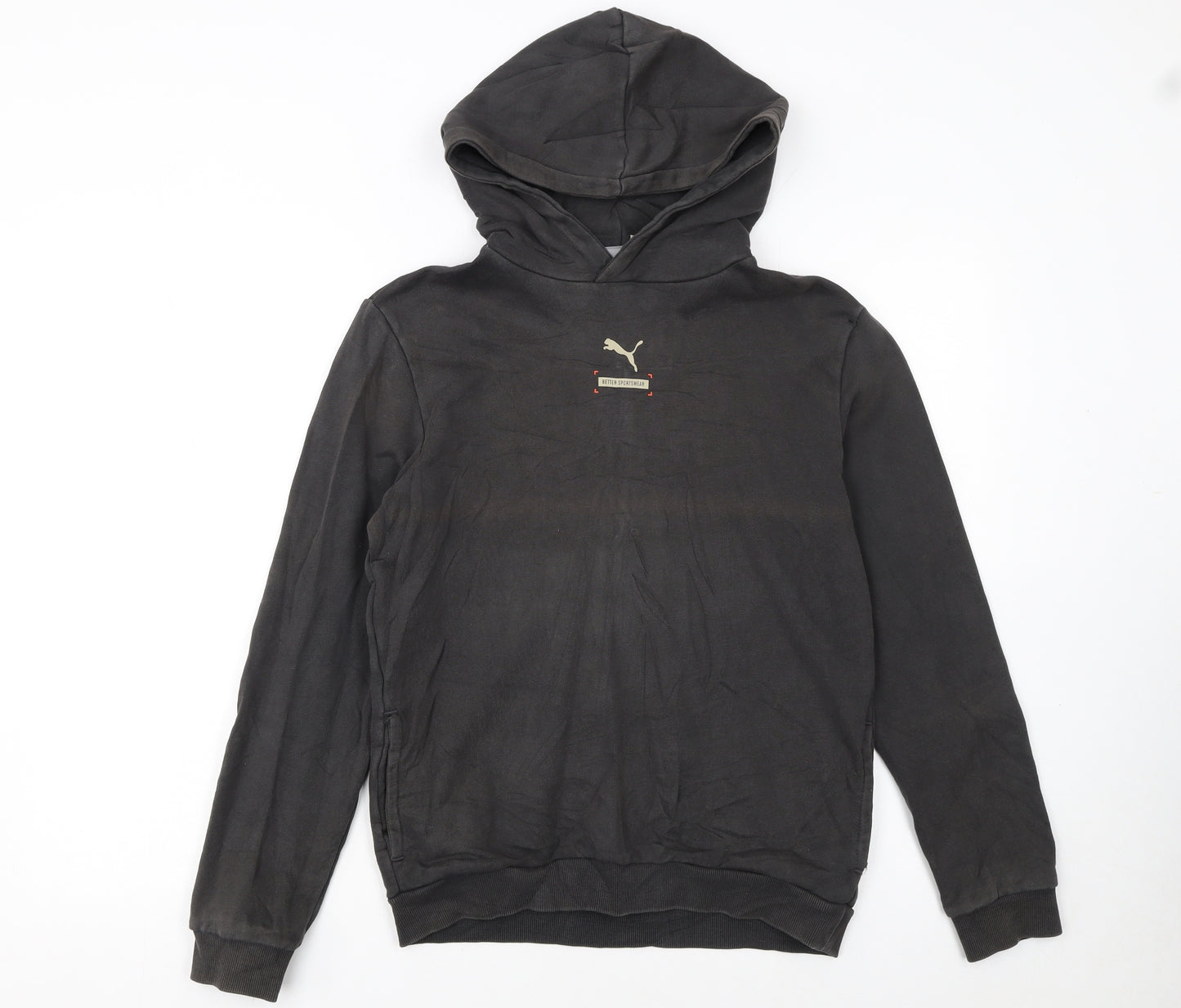 Puma Boys Black Pullover Hoodie 13-14 Years Fleece Graphic Logo Sweatshirt