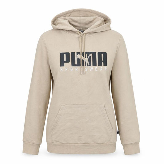 Front view of Puma women’s beige xs pullover hoodie sportswear logo sweatshirt