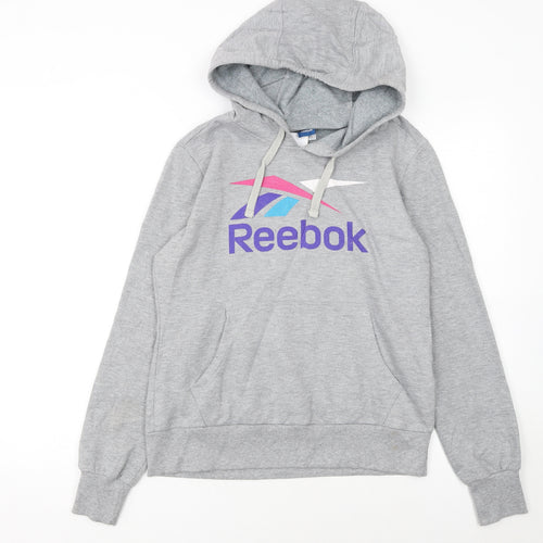 Reebok Women's Grey Pullover Hoodie L Logo Graphic Sweatshirt