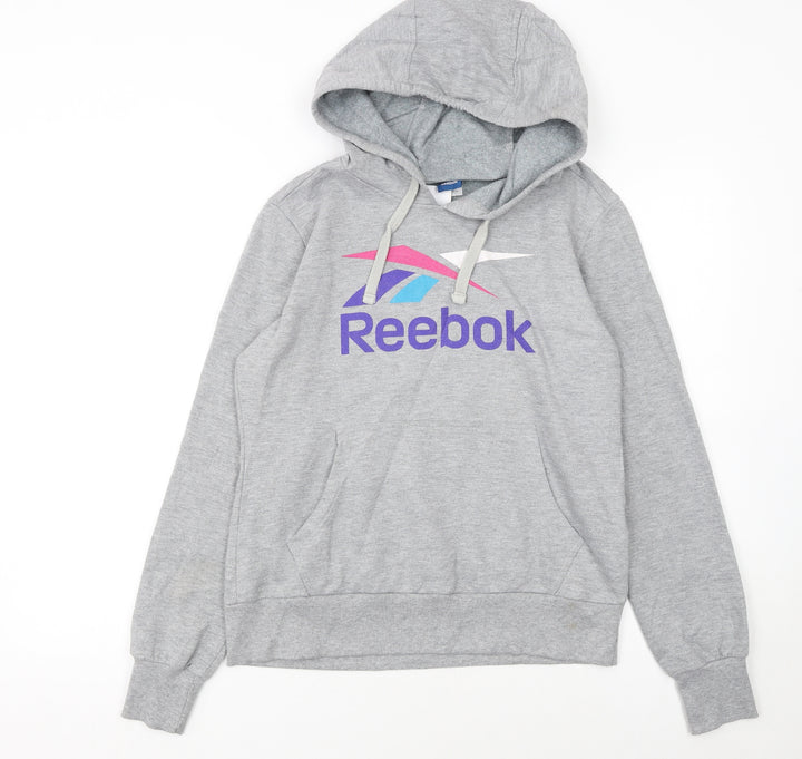 Reebok Women's Grey Pullover Hoodie L Logo Graphic Sweatshirt