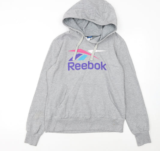 Reebok Women's Grey Pullover Hoodie L Logo Graphic Sweatshirt