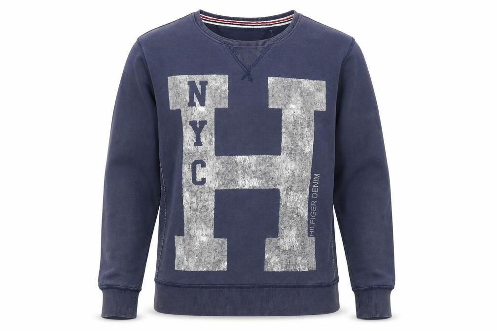 Front view of Tommy Hilfiger Men’s Blue NYC Graphic Pullover Sweatshirt, size S