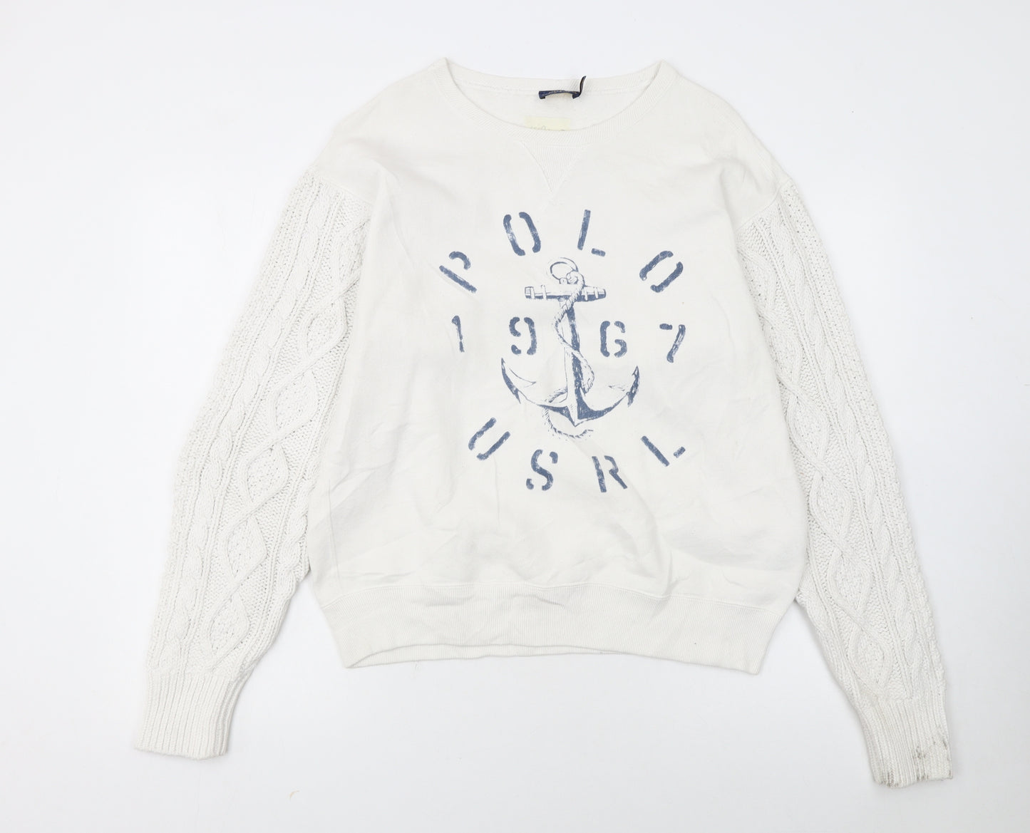 Polo Ralph Lauren Women's White Cable Knit Sleeve Anchor Sweatshirt S